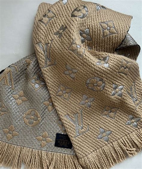 lv m75834|Louis Vuitton LV Monogram Logomania Shine Beige Scarf.